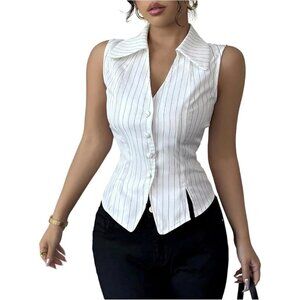 Women's Sleeveless Button-Down Shirt Polyester Casual V Neck Blouse